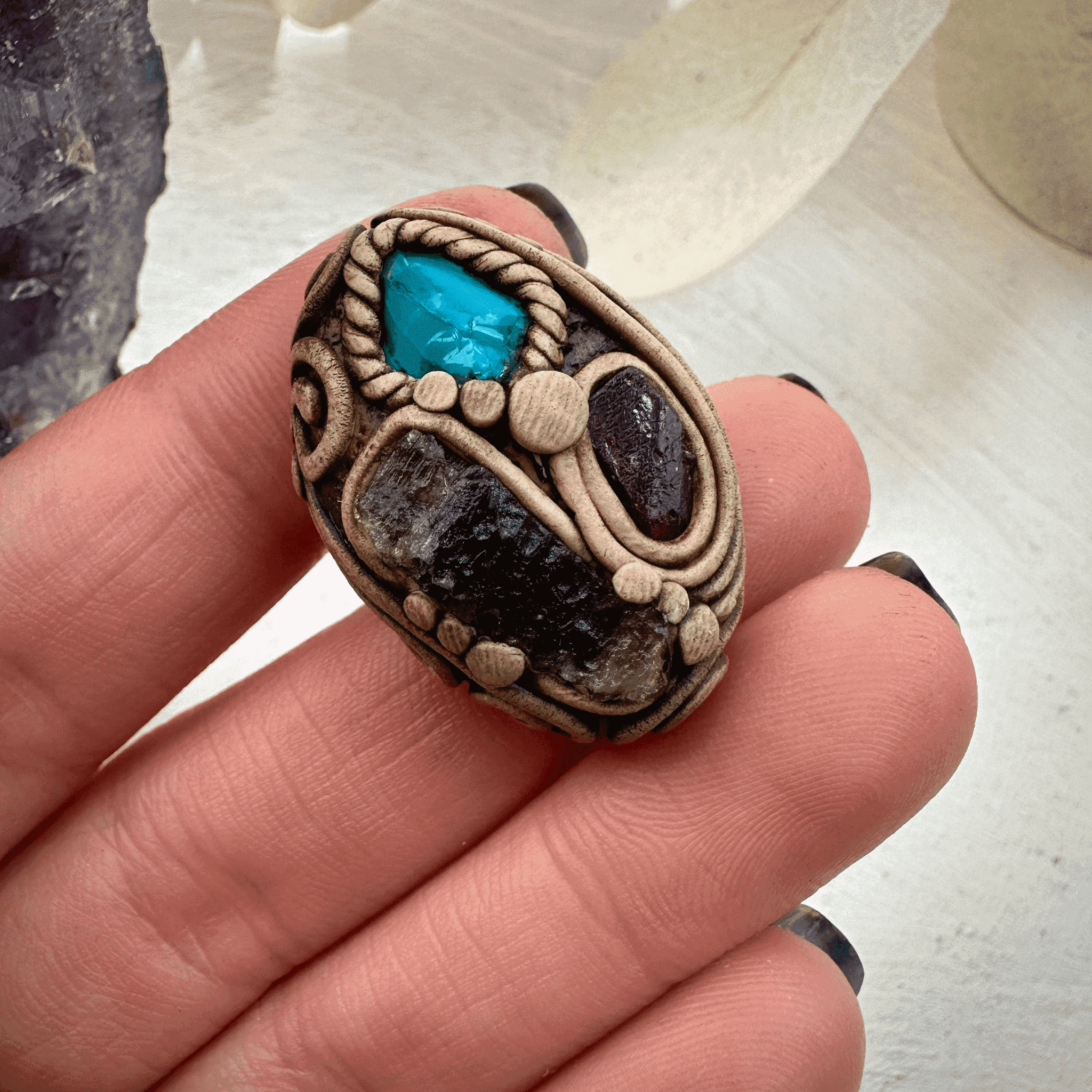 Moldavite Chrysocolla and Rhodolite Garnet Ring - FairyGardenGlow