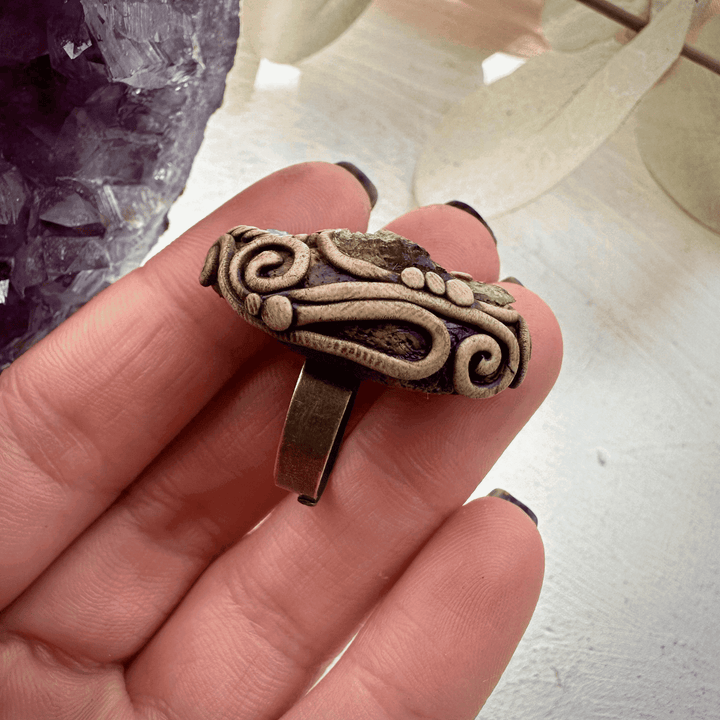 Moldavite Chrysocolla and Rhodolite Garnet Ring - FairyGardenGlow