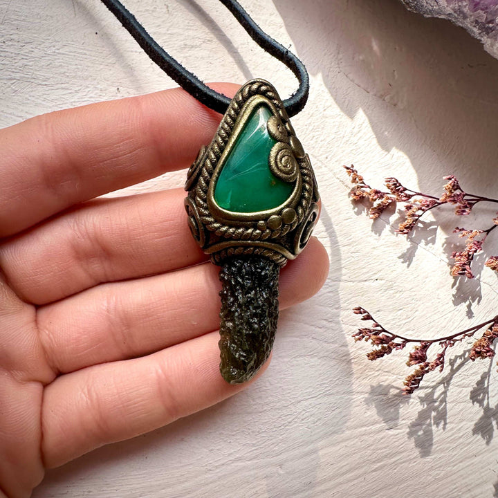 Moldavite and Chrysoprase Pendant Necklace - FairyGardenGlow
