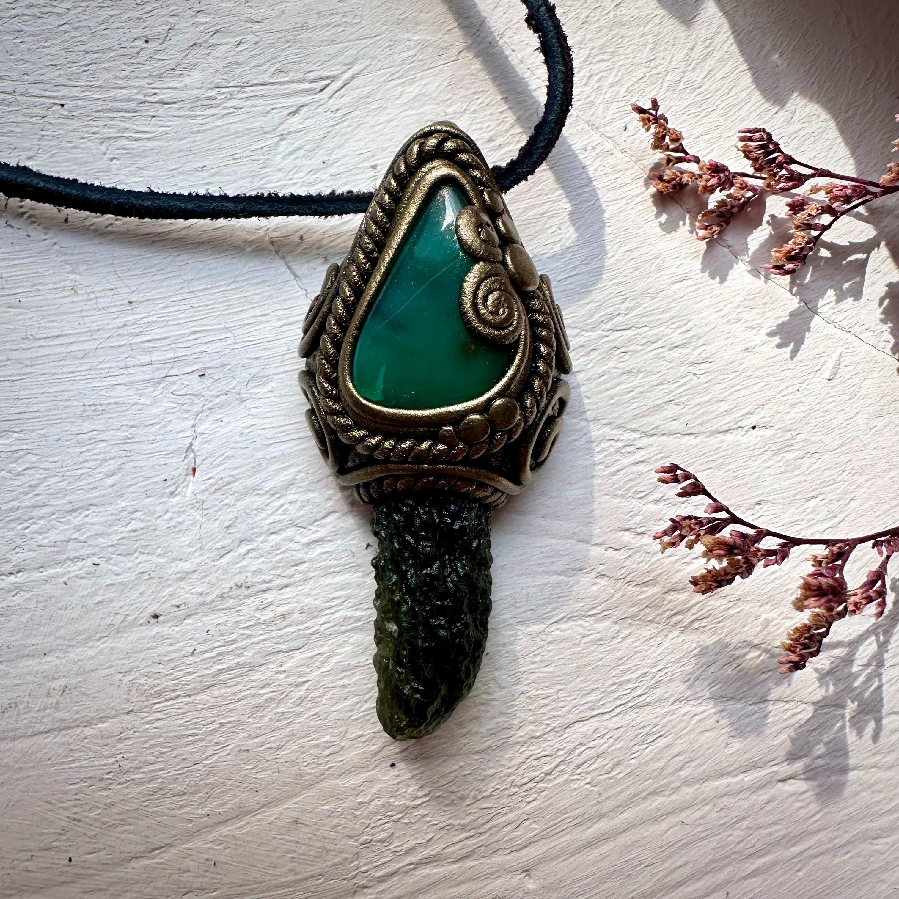 Moldavite and Chrysoprase Pendant Necklace - FairyGardenGlow