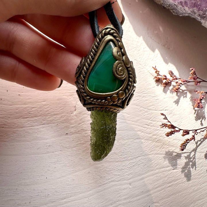 Moldavite and Chrysoprase Pendant Necklace - FairyGardenGlow