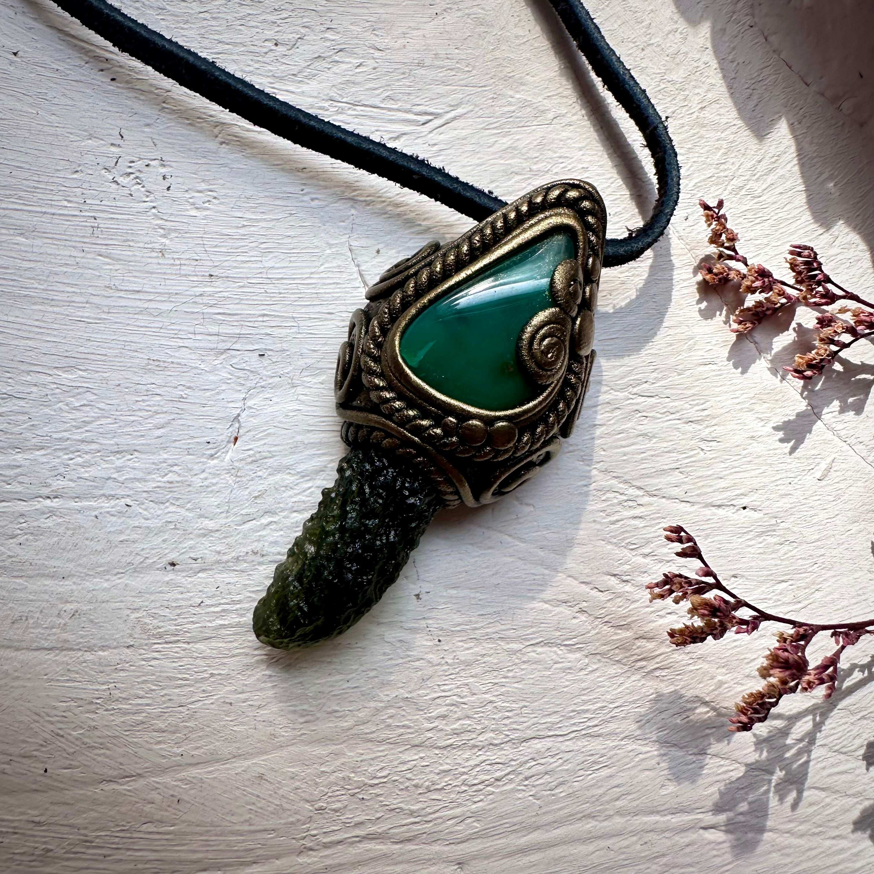 Moldavite and Chrysoprase Pendant Necklace - FairyGardenGlow