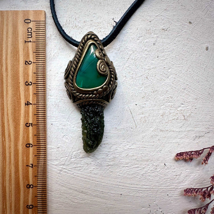 Moldavite and Chrysoprase Pendant Necklace - FairyGardenGlow