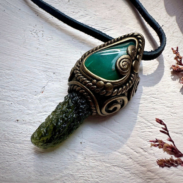 Moldavite and Chrysoprase Pendant Necklace - FairyGardenGlow