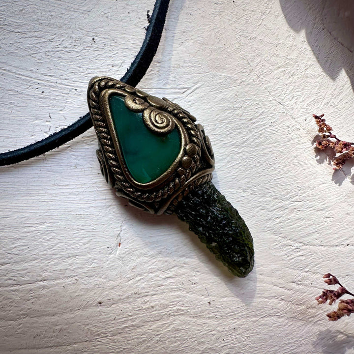 Moldavite and Chrysoprase Pendant Necklace - FairyGardenGlow