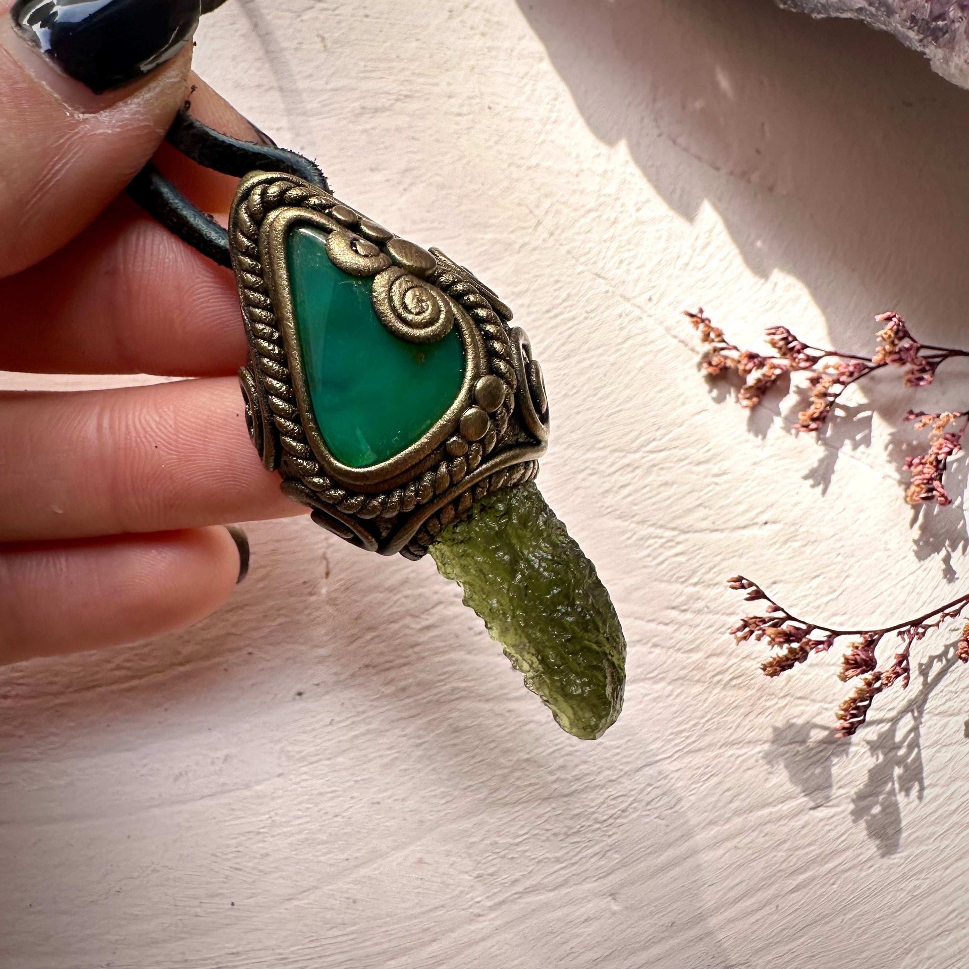 Moldavite and Chrysoprase Pendant Necklace - FairyGardenGlow