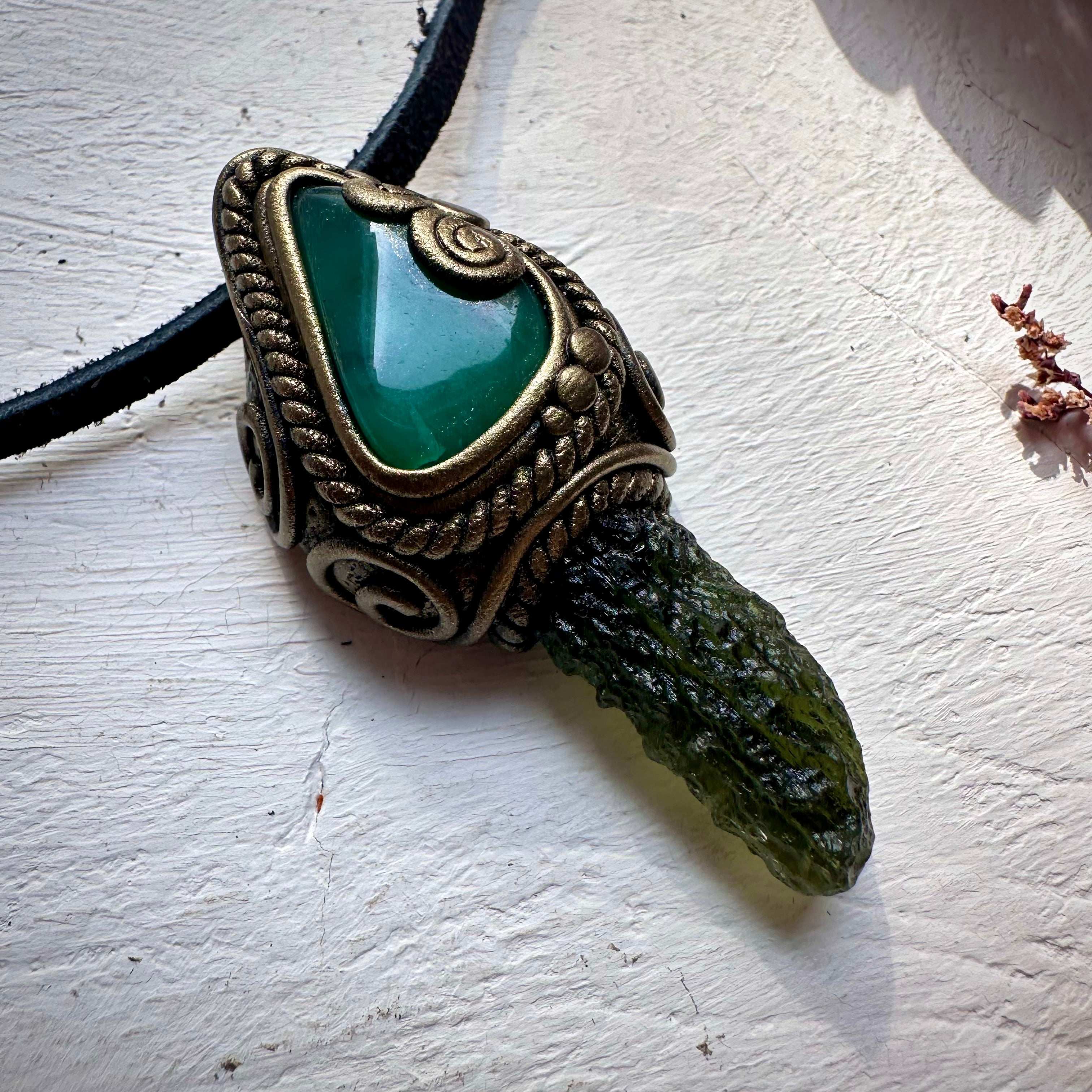 Moldavite and Chrysoprase Pendant Necklace - FairyGardenGlow