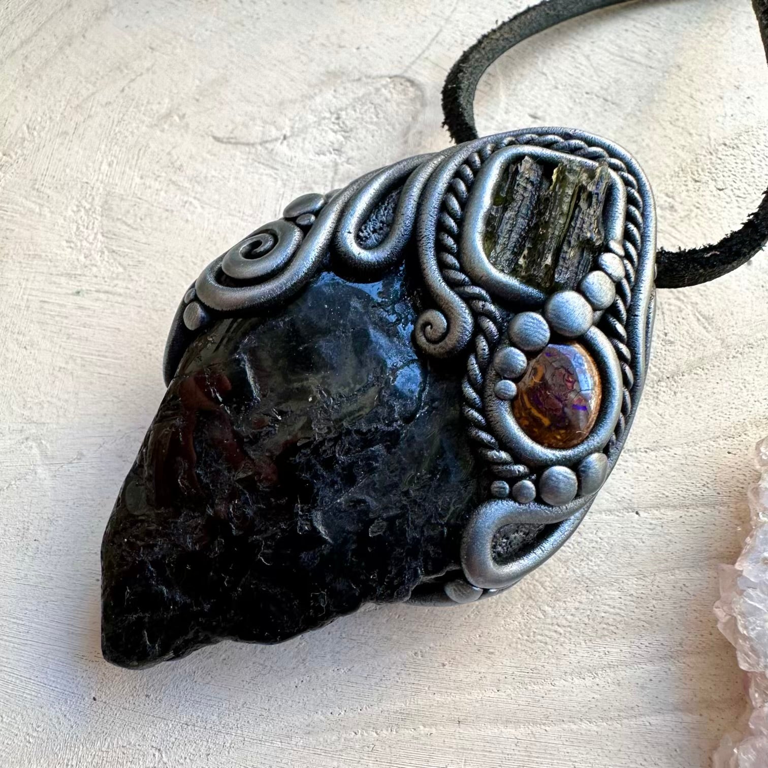 Protection amulet necklace with moldavite and tourmaline