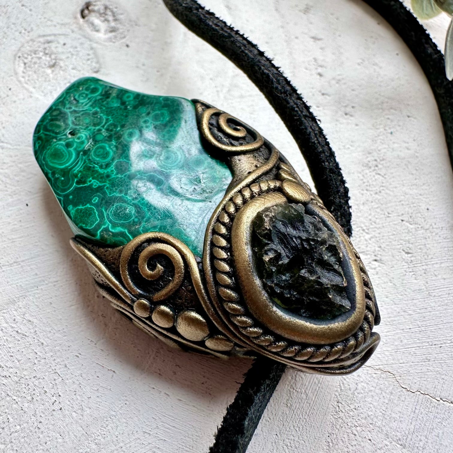 Natural gemstone necklace with malachite and moldavite