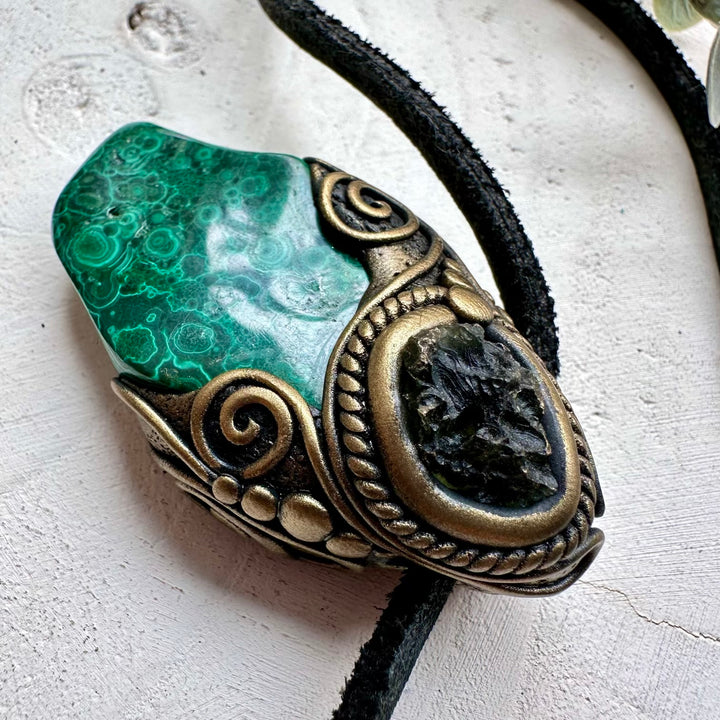 Natural gemstone necklace with malachite and moldavite
