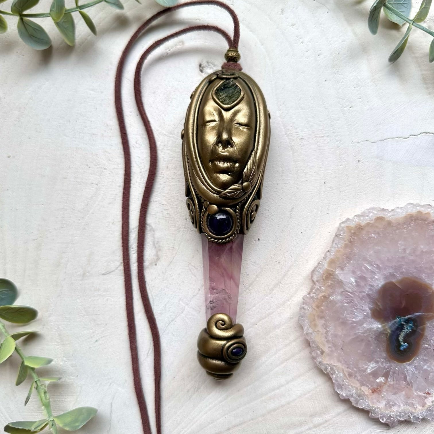 Handmade crystal wand necklace with moldavite fluorite and amethyst