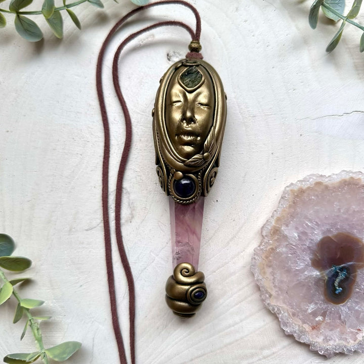 Handmade crystal wand necklace with moldavite fluorite and amethyst
