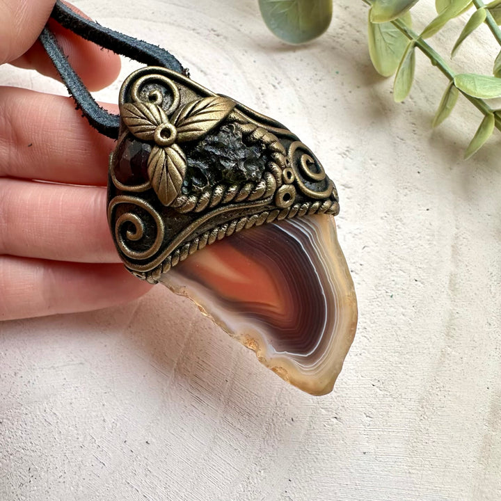 Handmade necklace with botswana agate moldavite and garnet