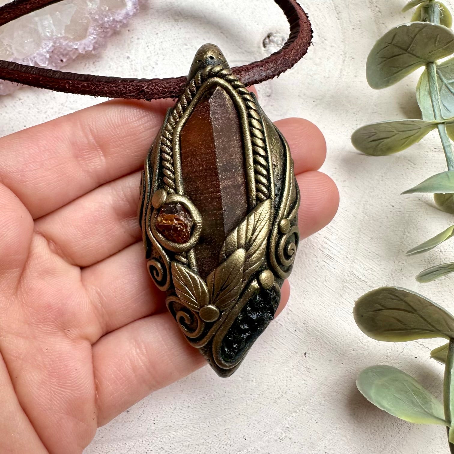 Handmade necklace with red quartz moldavite and garnet