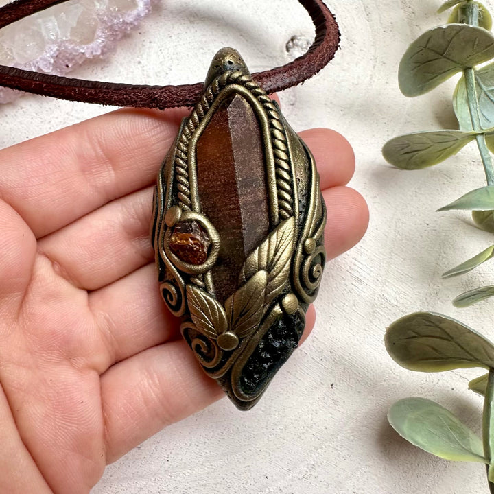 Handmade necklace with red quartz moldavite and garnet