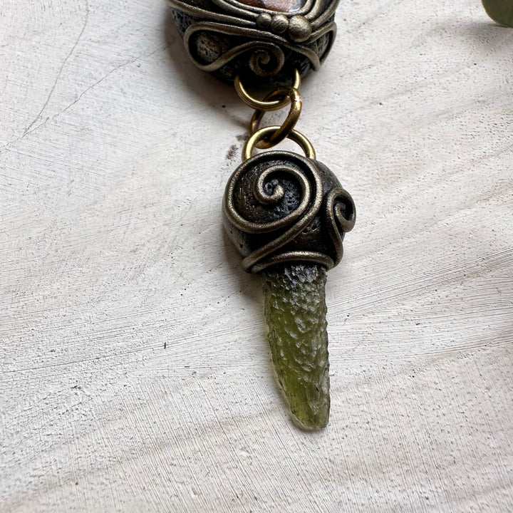 Natural gemstone necklace with moldavite and opal