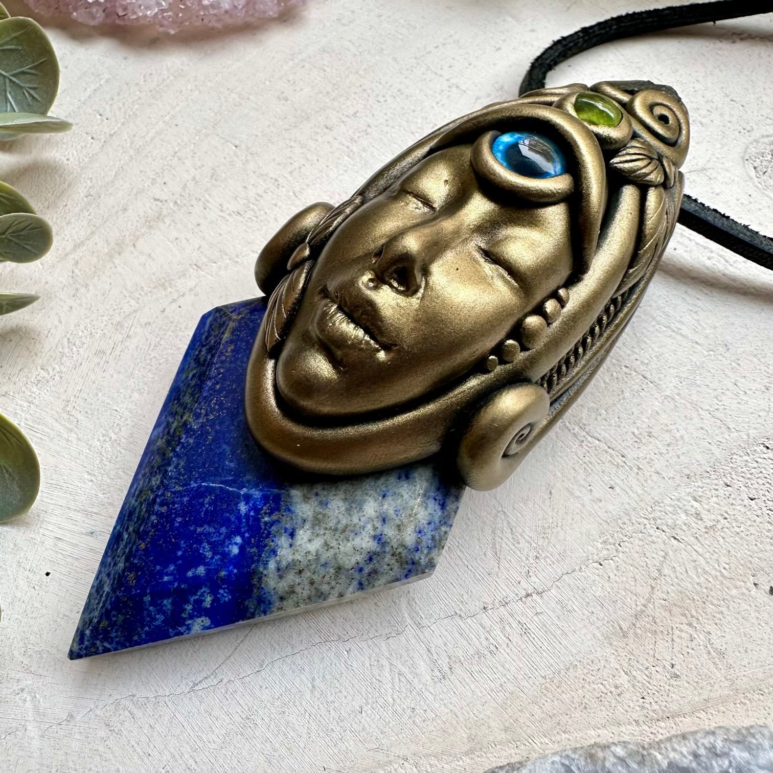 Spiritual goddess necklace with lapis lazuli and moldavite crystals