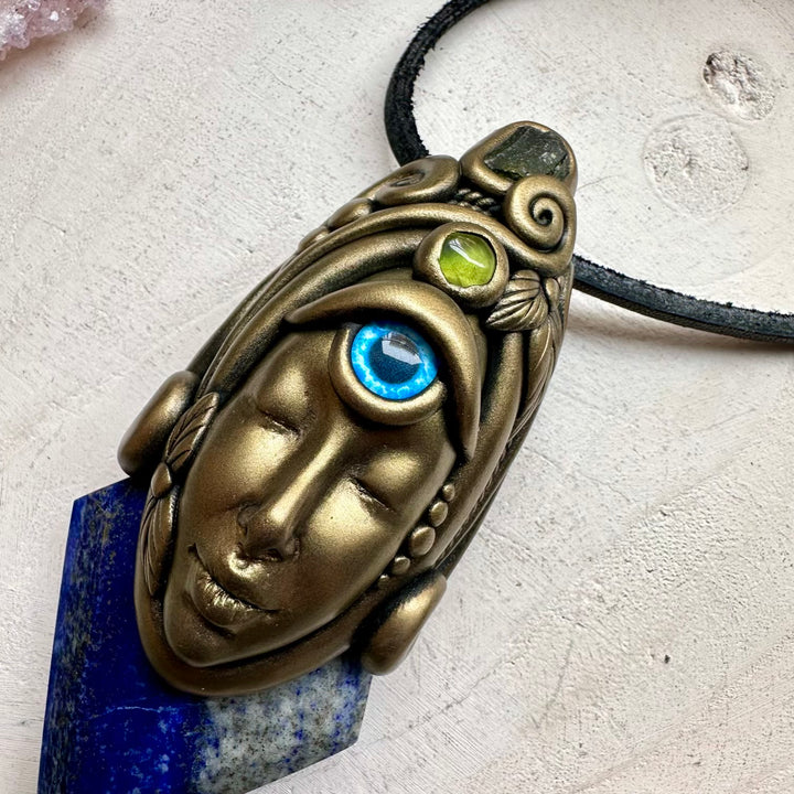 Handmade goddess talisman necklace with moldavite