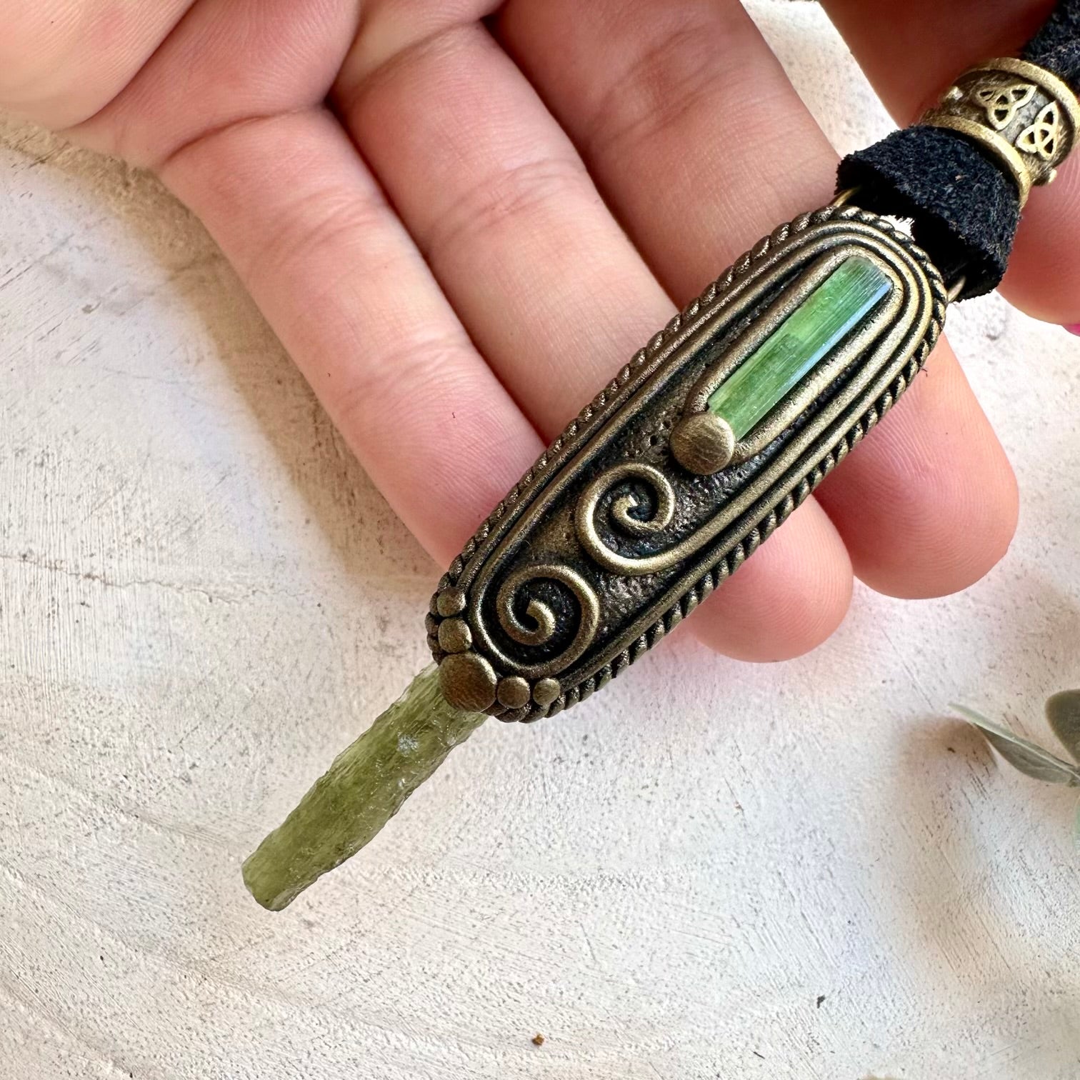 Moldavite Necklace with Green Tourmaline – Unisex Spiritual Crystal Jewelry, Healing Pendant