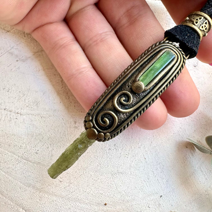 Moldavite Necklace with Green Tourmaline – Unisex Spiritual Crystal Jewelry, Healing Pendant