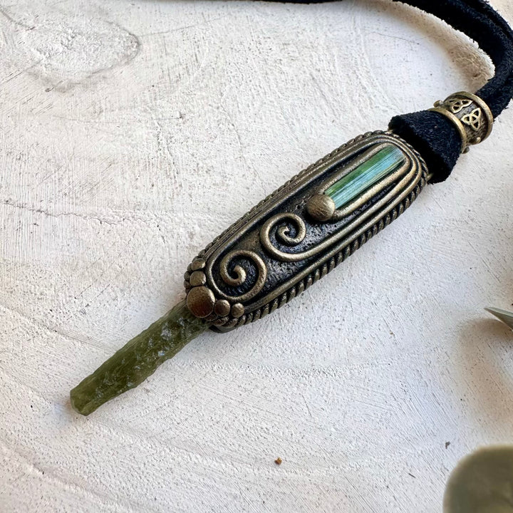 Handmade Moldavite & Green Tourmaline Necklace – Metaphysical Transformation Crystal Jewelry