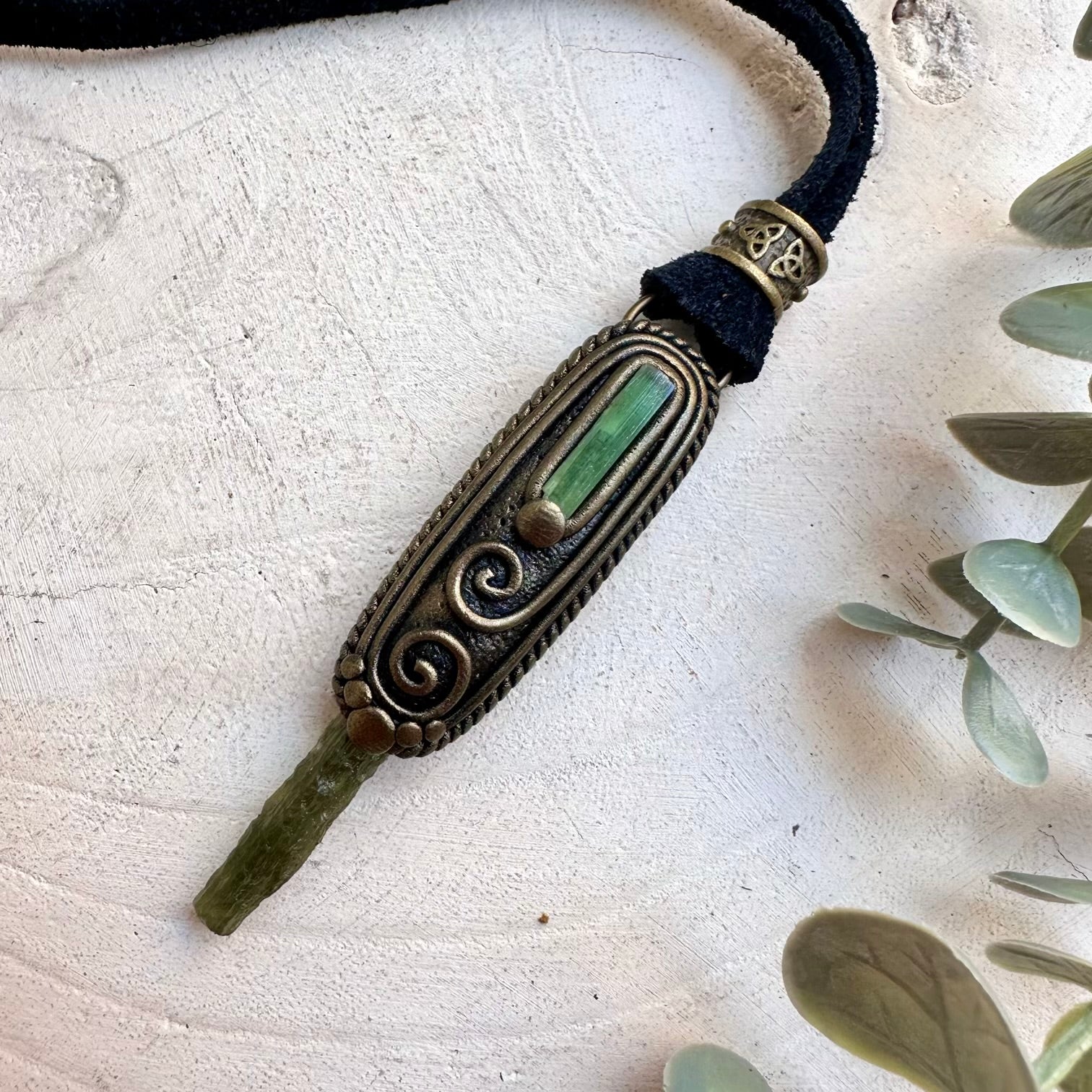 Moldavite & Green Tourmaline Handmade Necklace – Unisex Crystal Jewelry, Transformation & Heart Healing Pendant