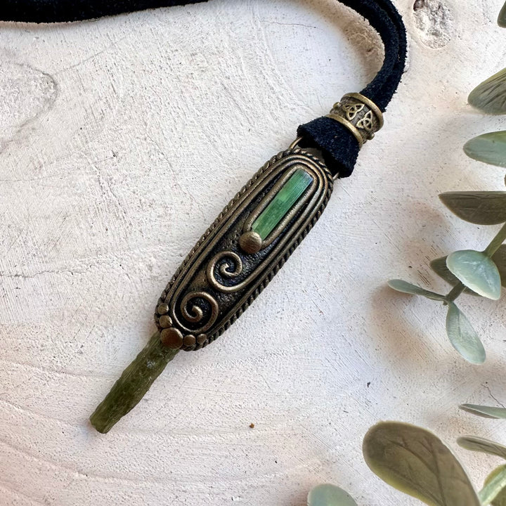 Moldavite & Green Tourmaline Handmade Necklace – Unisex Crystal Jewelry, Transformation & Heart Healing Pendant