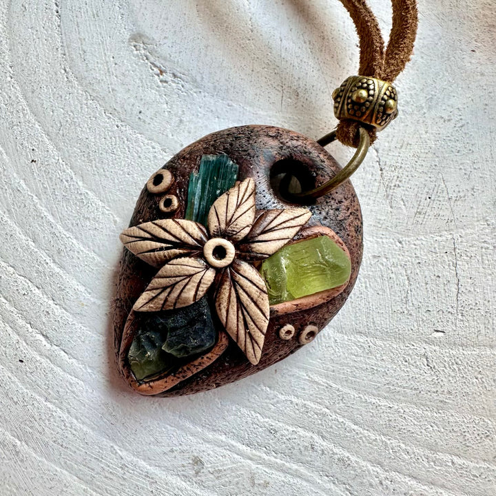 Unique healing crystal pendant with Moldavite, Peridot and Green Tourmaline natural gemstones