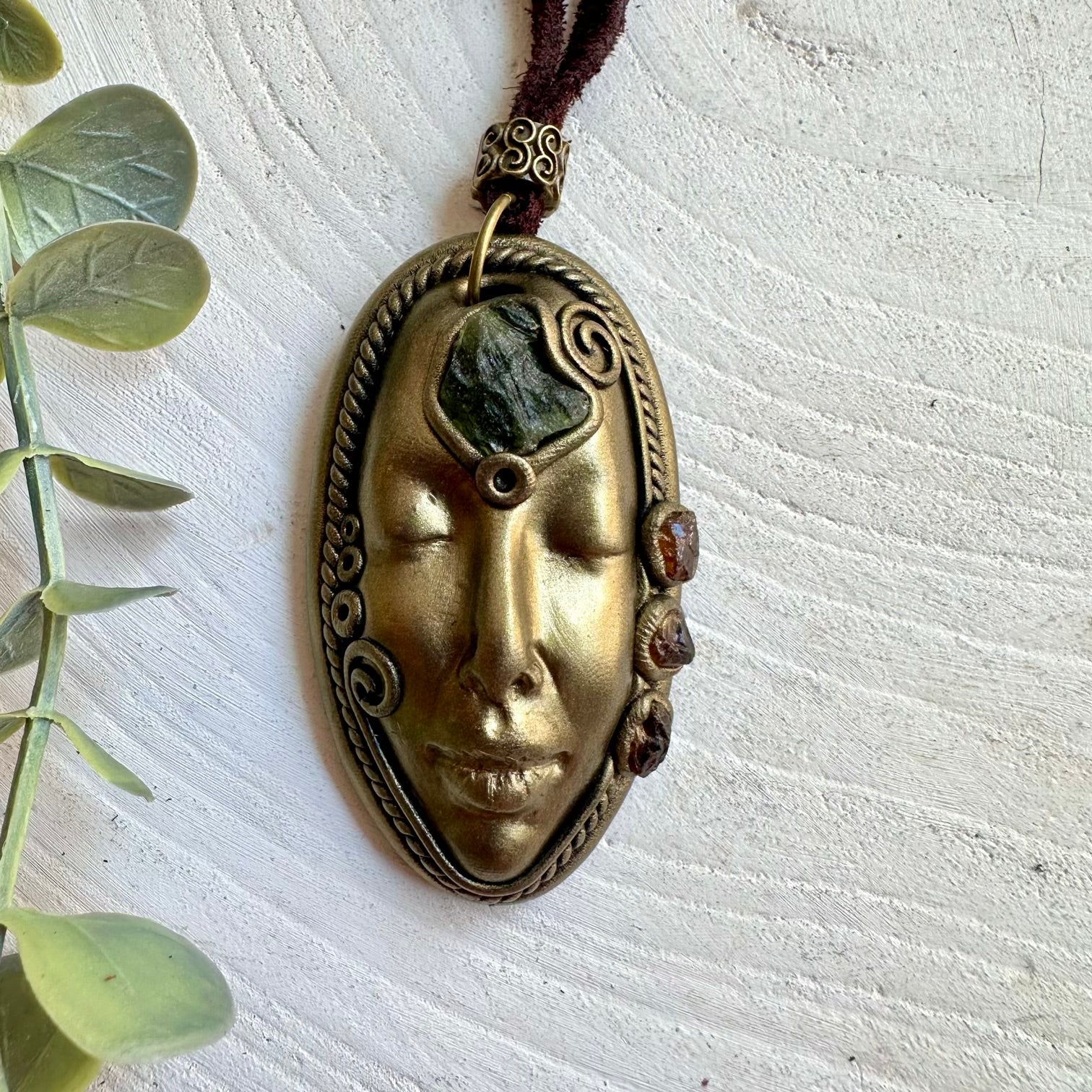 Healing crystal jewelry with Moldavite and Hessonite Garnet in an artisan Goddess design.
