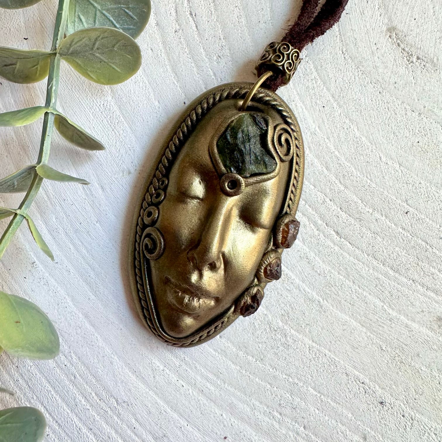 Spiritual Goddess necklace handcrafted with genuine Moldavite and Hessonite Garnet.