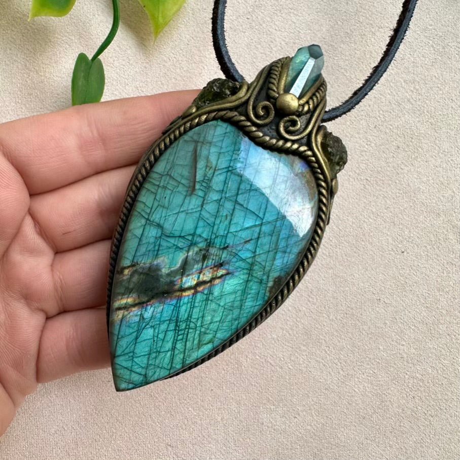 Labradorite Aqua Aura Quartz and Moldavite Crystal Necklace, One of a kind Gemstone Jewelry - FairyGardenGlow