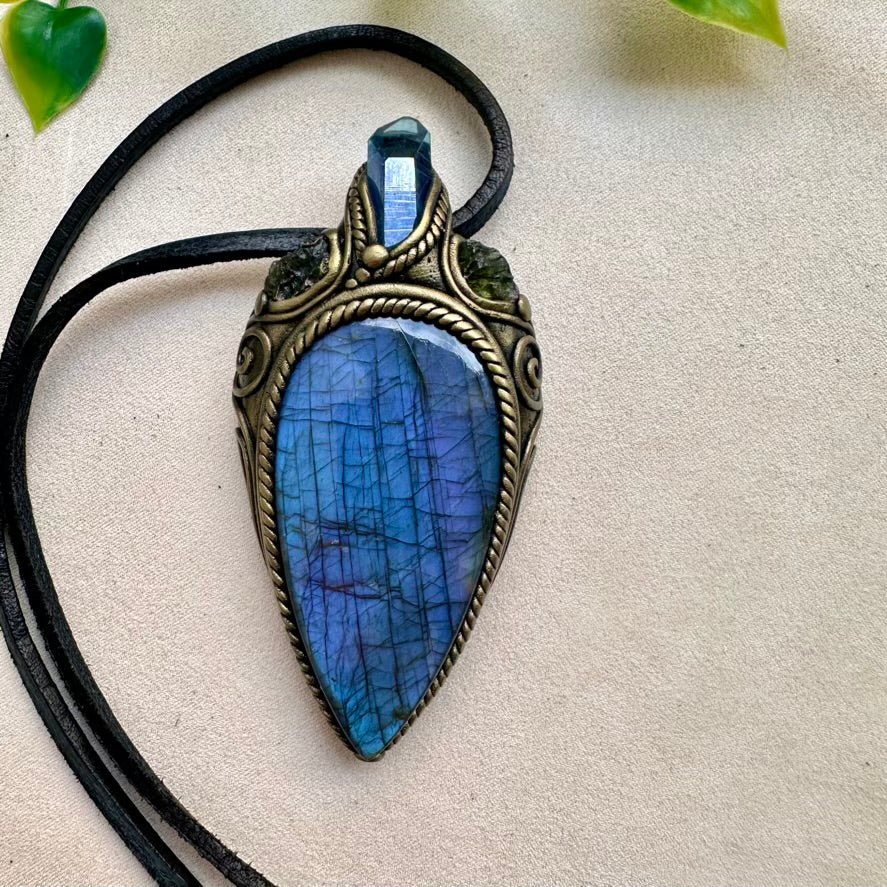 Large Deep Purple - Blue Labradorite with Aqua Aura Quartz and Moldavite Necklace - FairyGardenGlow