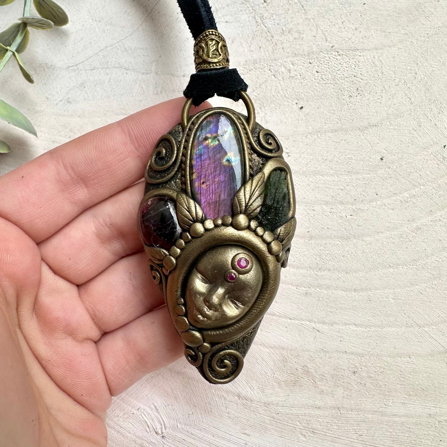 Handmade goddess necklace with moldavite and labradorite gemstones