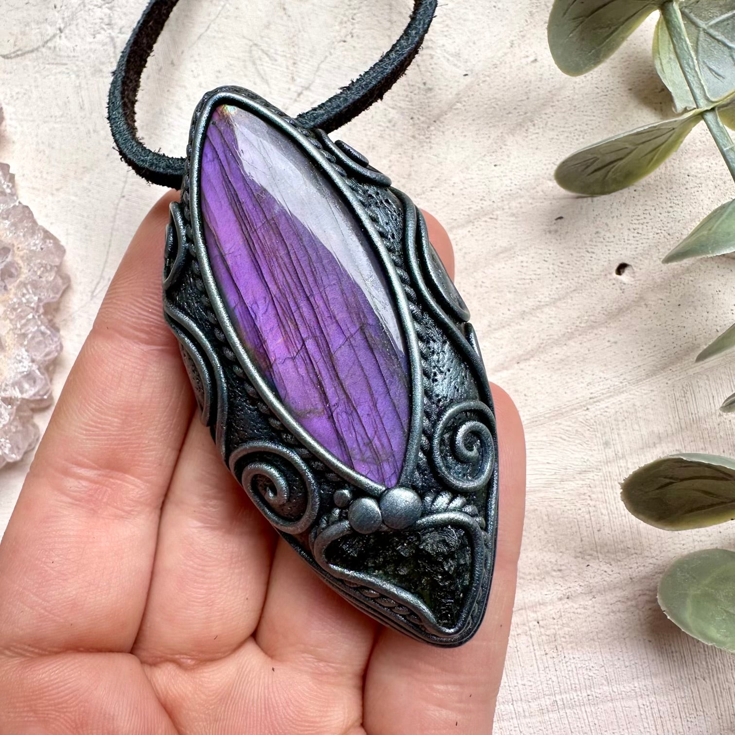 Handmade necklace with purple labradorite and moldavite