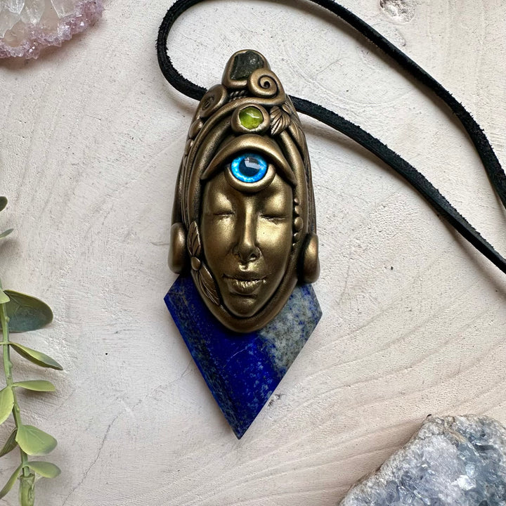 Handmade crystal wand necklace with moldavite lapis lazuli and peridot