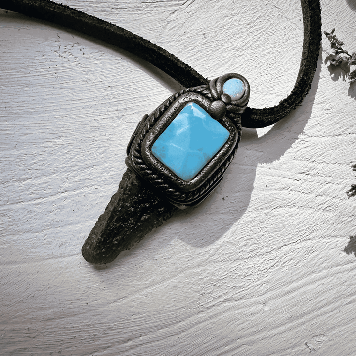Moldavite with Larimar and Australian Opal Pendant Necklace - FairyGardenGlow
