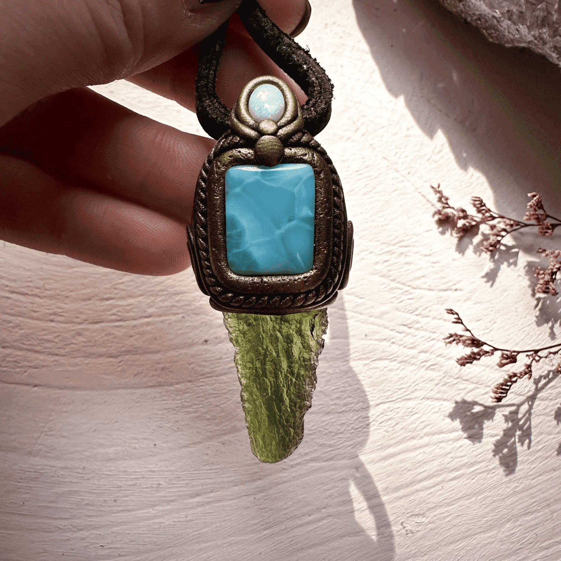 Moldavite with Larimar and Australian Opal Pendant Necklace - FairyGardenGlow