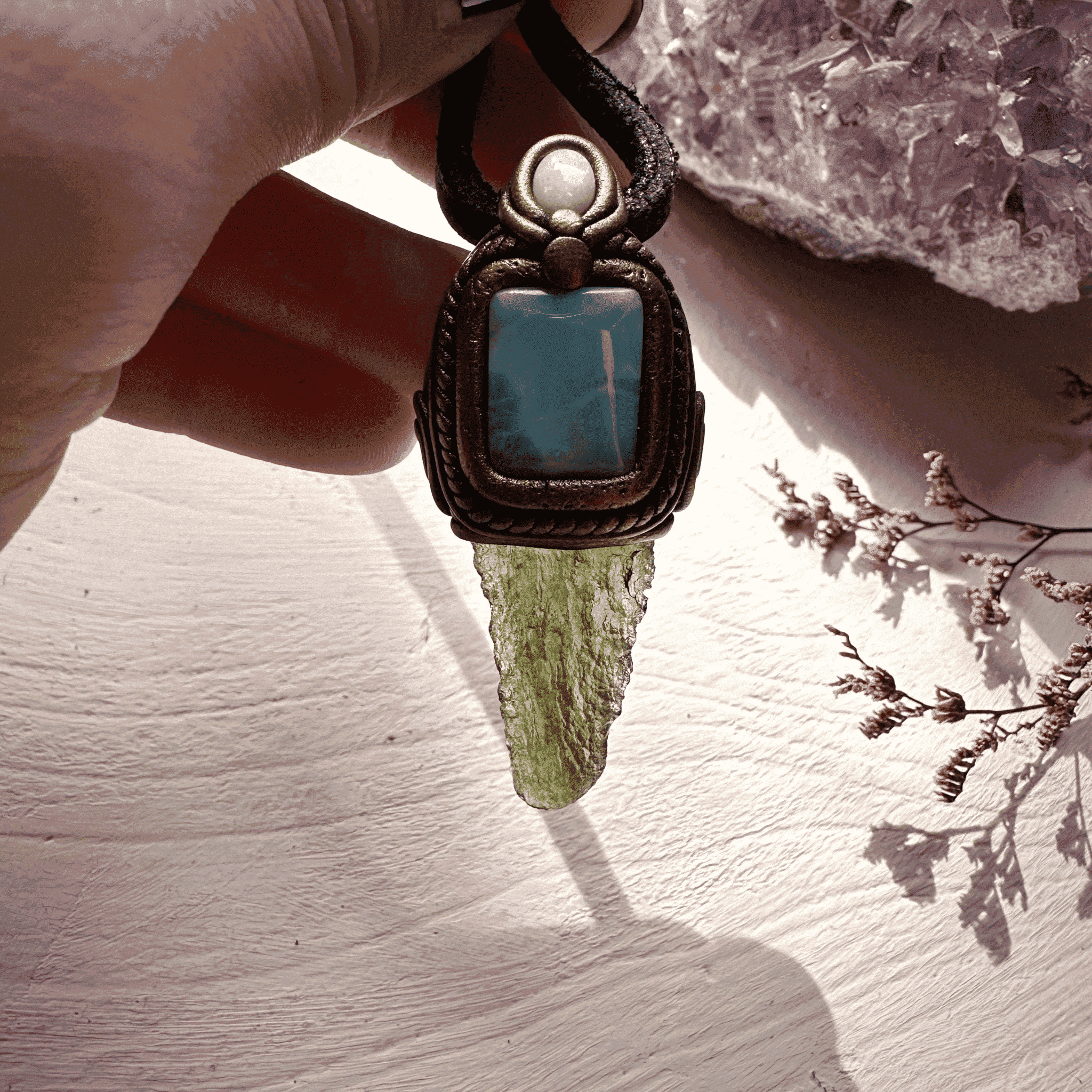 Moldavite with Larimar and Australian Opal Pendant Necklace - FairyGardenGlow