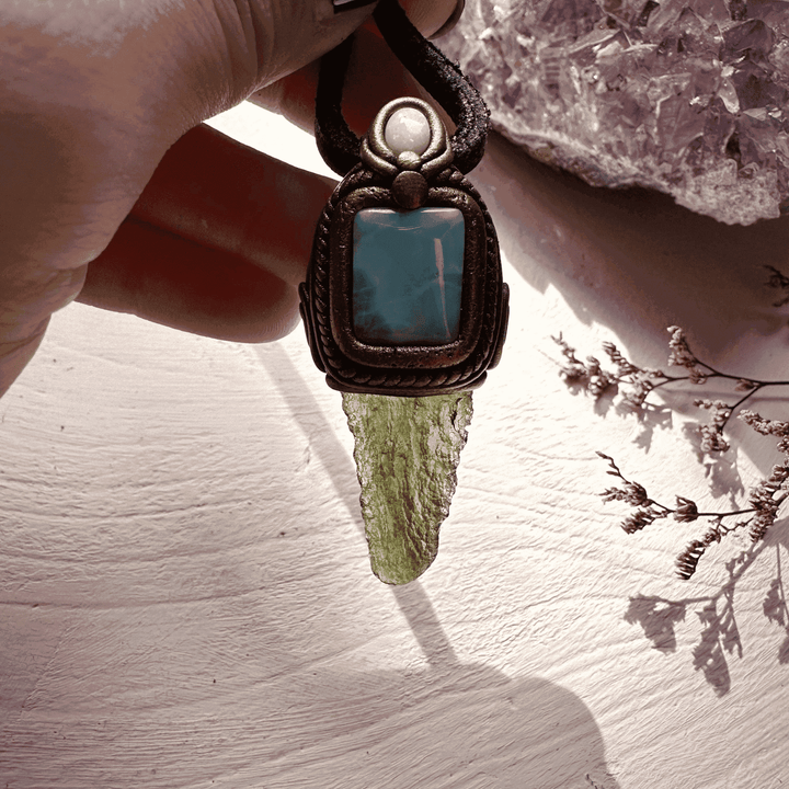 Moldavite with Larimar and Australian Opal Pendant Necklace - FairyGardenGlow