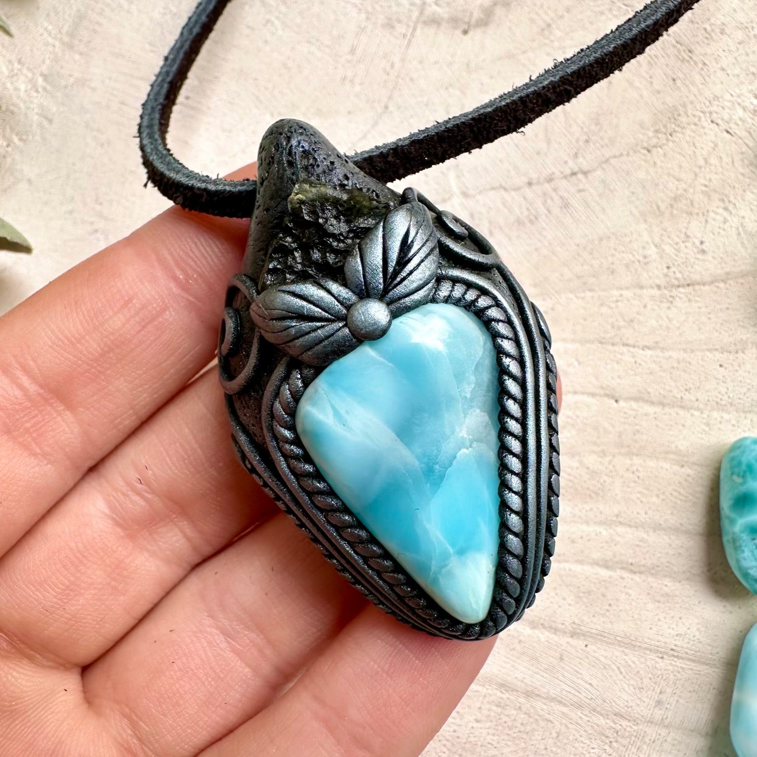 Handmade necklace with larimar and moldavite gemstone