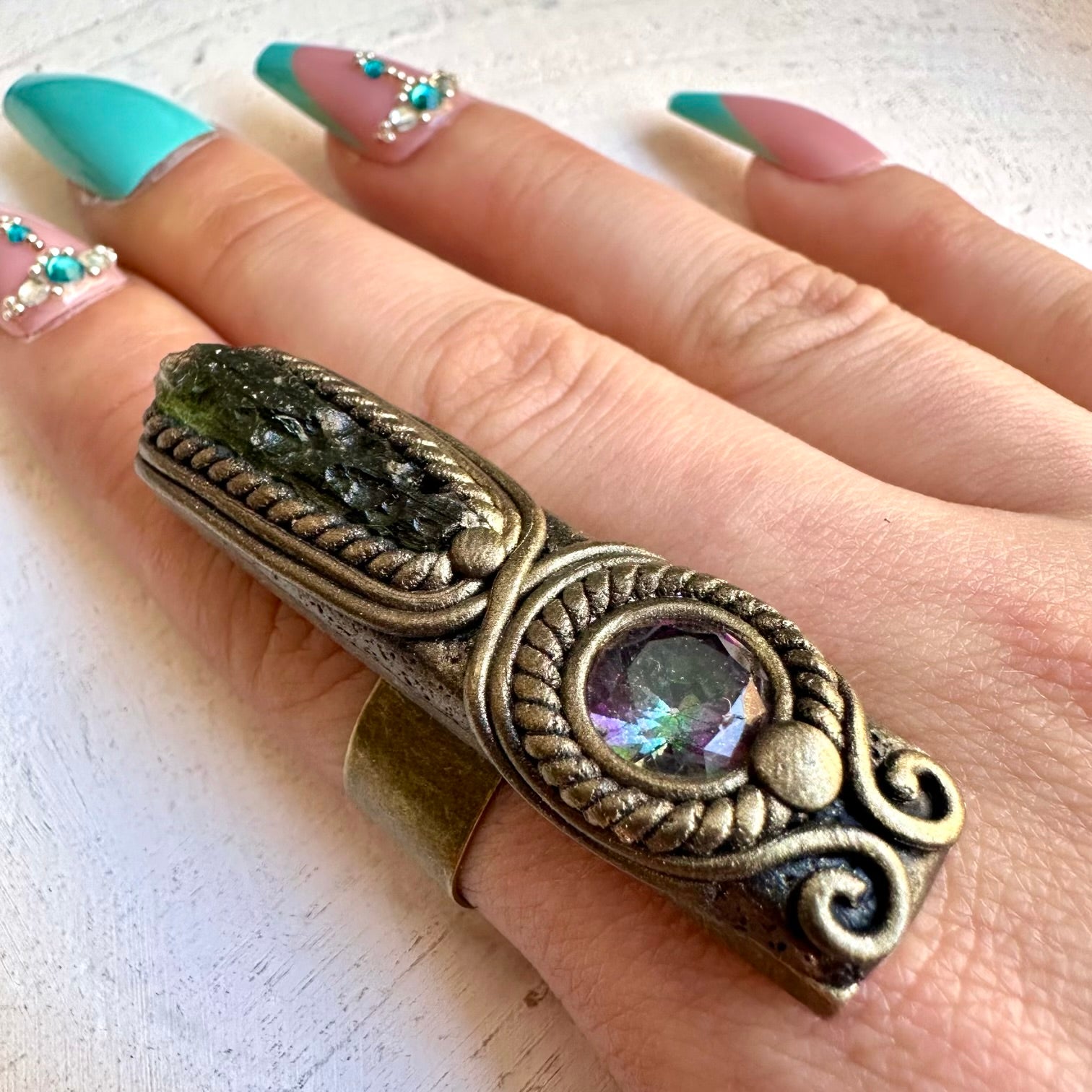 Moldavite and mystic topaz handmade gemstone ring