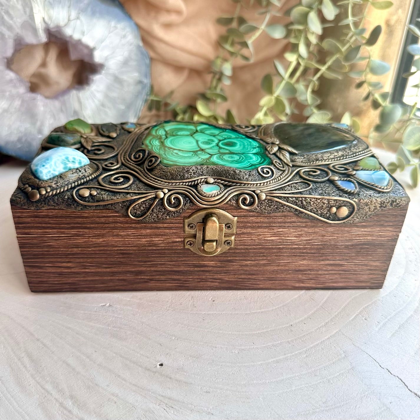 Wooden keepsake box decorated with rare crystals and gemstones