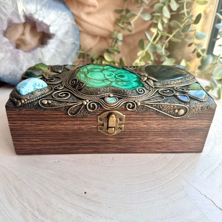 Wooden keepsake box decorated with rare crystals and gemstones