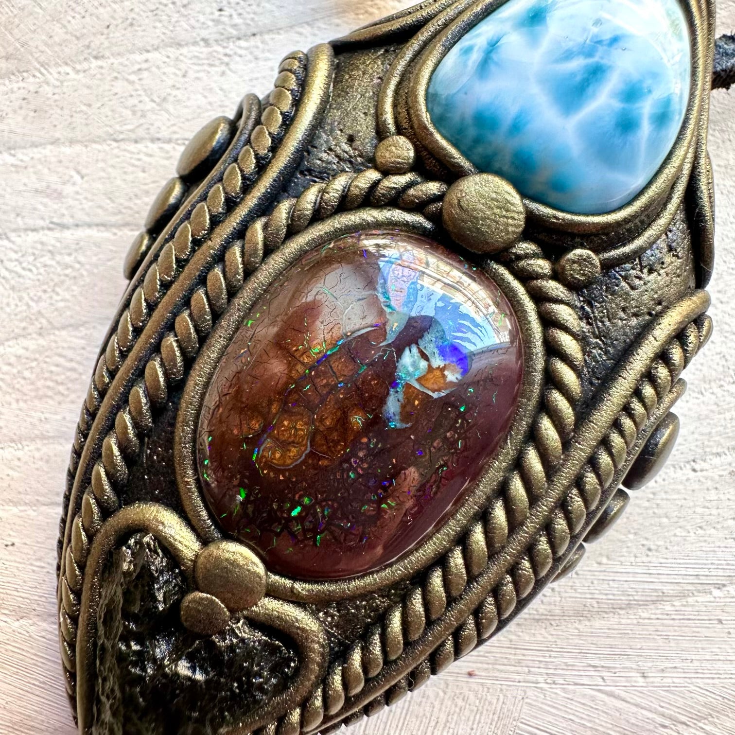 Artisan necklace with boulder opal and moldavite gemstones