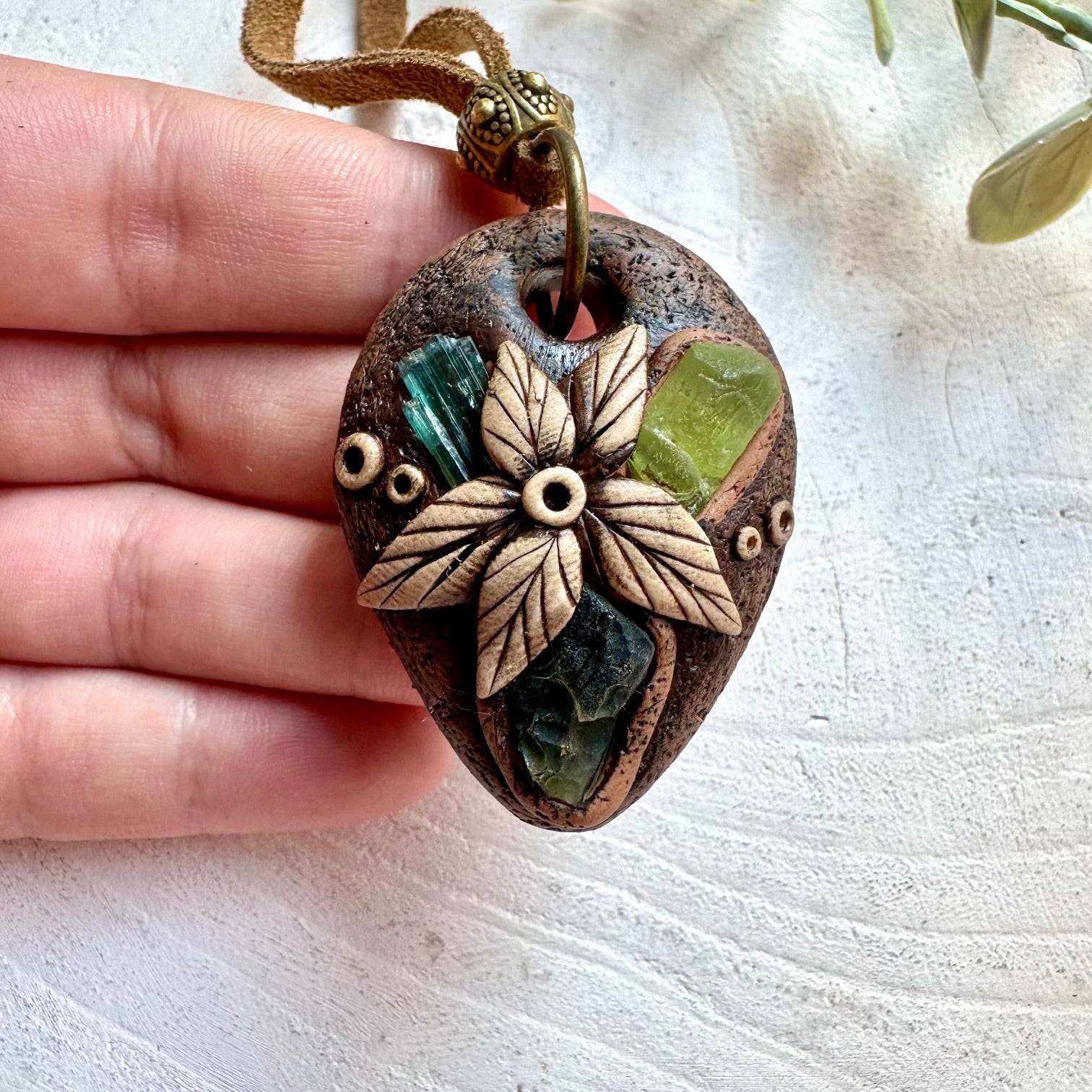 Moldavite Peridot and Green Tourmaline crystal talisman necklace handmade boho gemstone jewelry