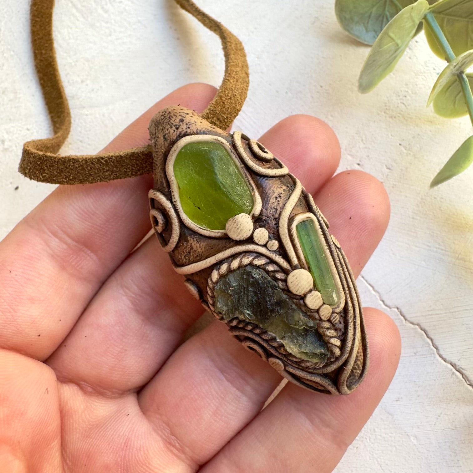 Moldavite, Peridot and Green Tourmaline necklace handmade with natural gemstones