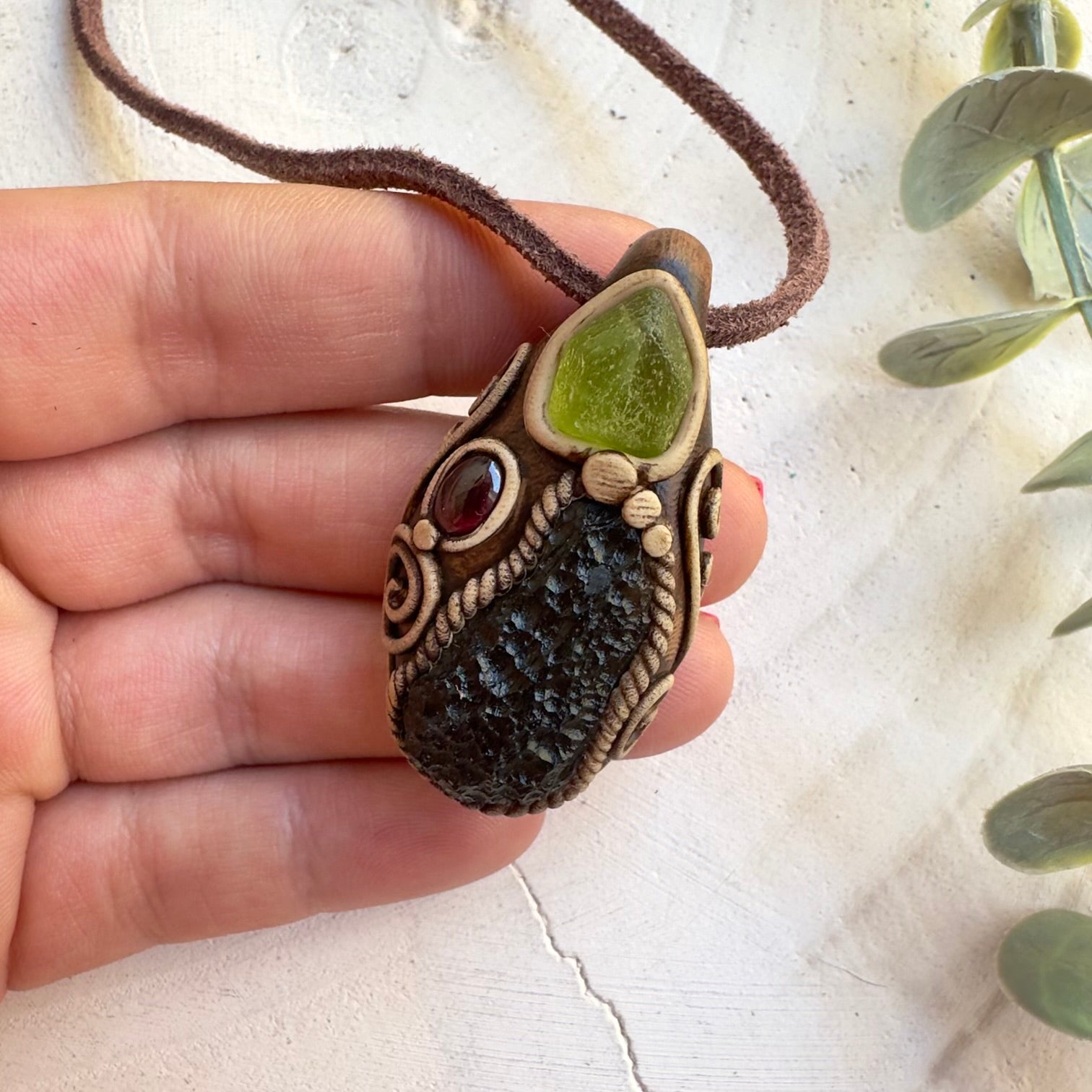 Moldavite peridot and rhodolite garnet unisex crystal necklace