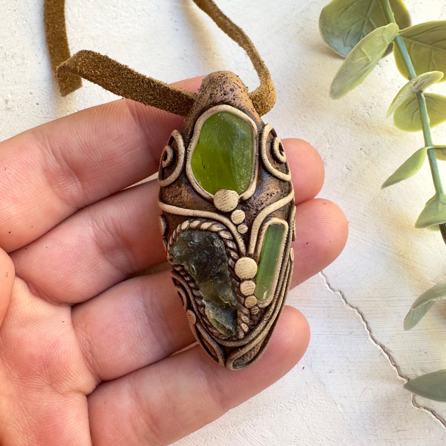 Unisex Moldavite necklace with Peridot and Green Tourmaline crystals