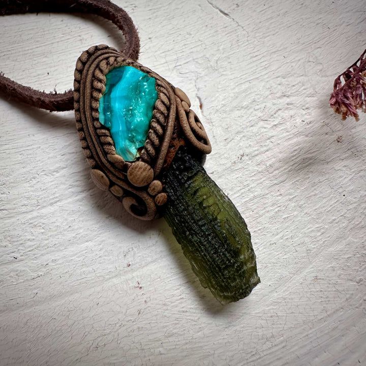 Moldavite and Raw Chrysocolla Necklace - FairyGardenGlow
