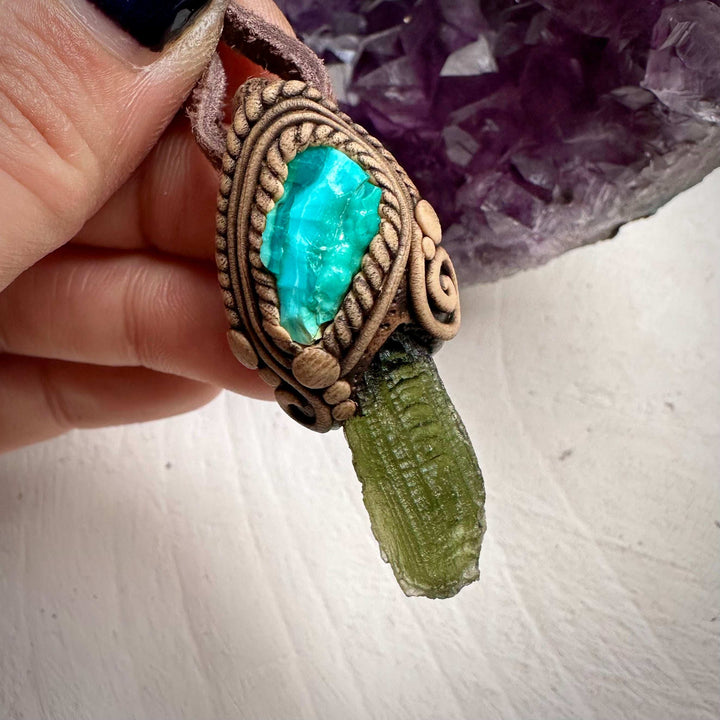 Moldavite and Raw Chrysocolla Necklace - FairyGardenGlow
